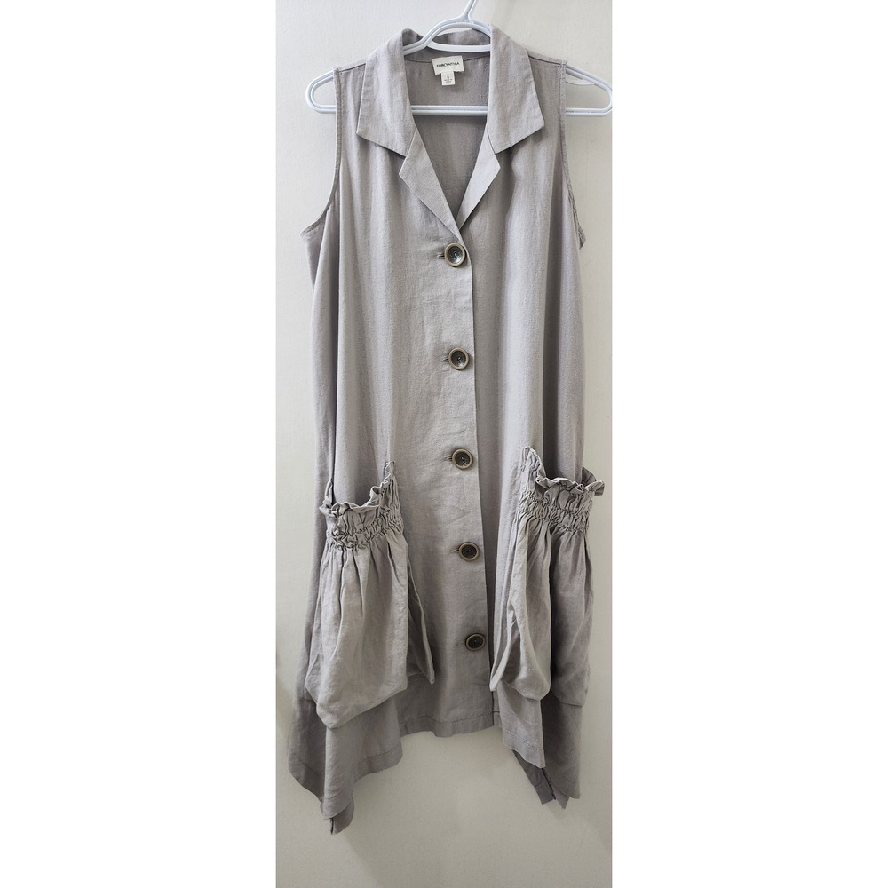 Forcynthia Linen Blend Sleeveless Button Front Sharkbite Tunic Dress Grey Small